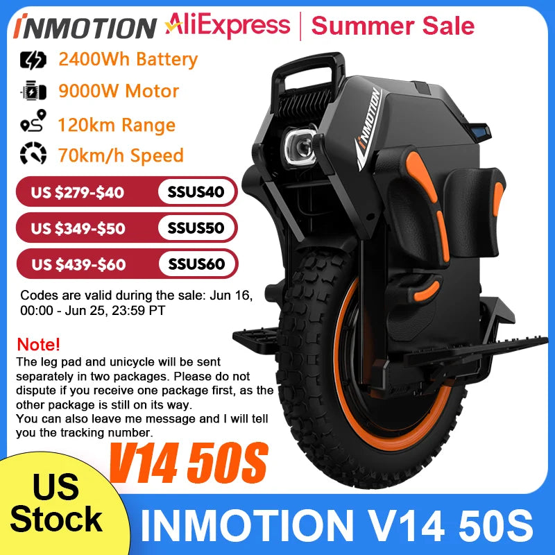 US Stock INMOTION Adventure V14 Electric Unicycle 70km/h Speed 134V 2400Wh 50S Motor C40 9000W High Torque EUC Unicycle Wheel