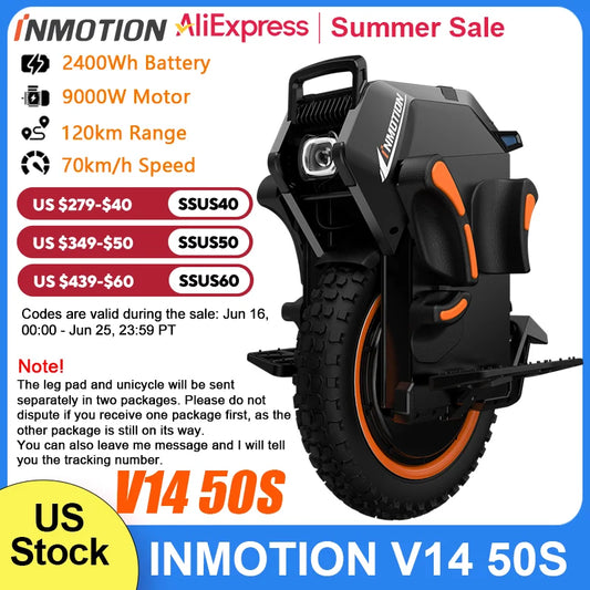 US Stock INMOTION Adventure V14 Electric Unicycle 70km/h Speed 134V 2400Wh 50S Motor C40 9000W High Torque EUC Unicycle Wheel