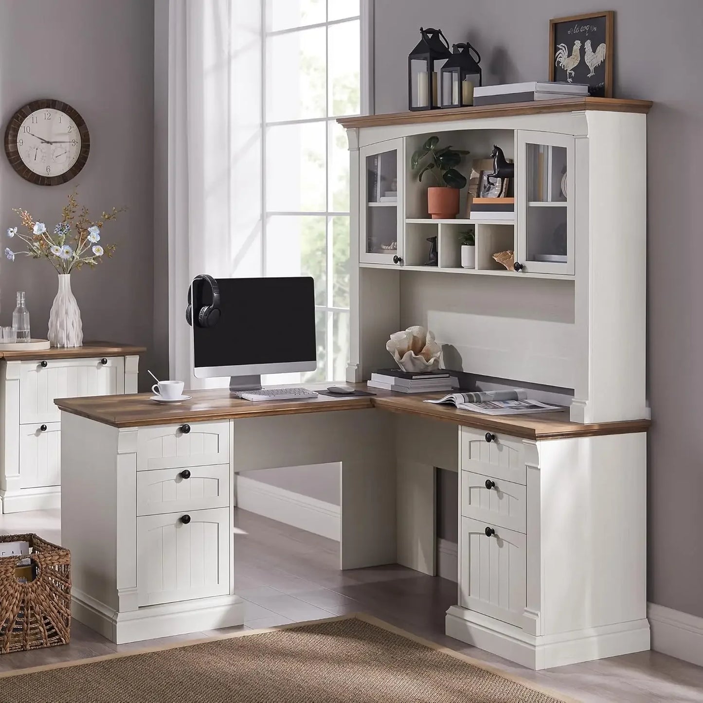 [Limited Stock, Buy Now!]60" L Shaped Executive Desk with Hutch and Drawers, Farmhouse Home Office Desk with Charging Station, F