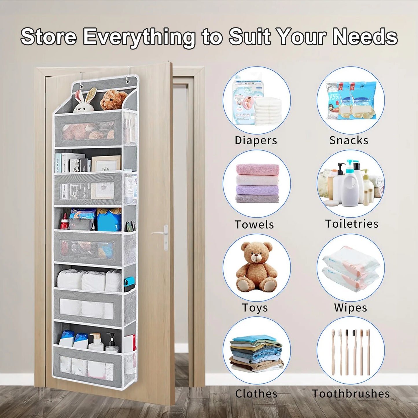 Over Door Organizer, 5-Tier Hanging Over Door Organizer with 5 Large Capacity Pockets, Anti-Tilt 44lb Load Behind Door Organizer