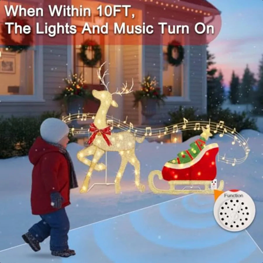 EAMBRITE Christmas Decorations Outdoor 42 Inch Christmas Reindeer Sled with 117 Warm White Lights Motion Sensor 2D Music Lighte