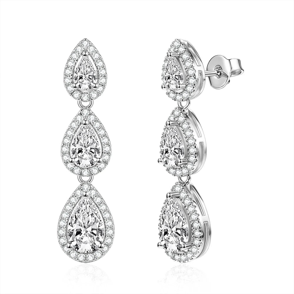 OXTAO 3-Stone Pear Cut 5A CZ Halo Drop Earrings for Women Girl Birthday Party Gift D VVS1 for Women Tassel Moissanite Dangle Earrings 14K Gold Filled
