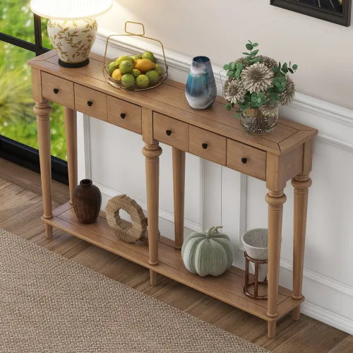 Rustic Pine Console Table with 4 Drawers and Open Shelf for Entryway