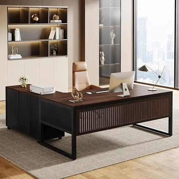 Large L-Shaped Executive Office Desk with Mobile File Cabinet and Drawers