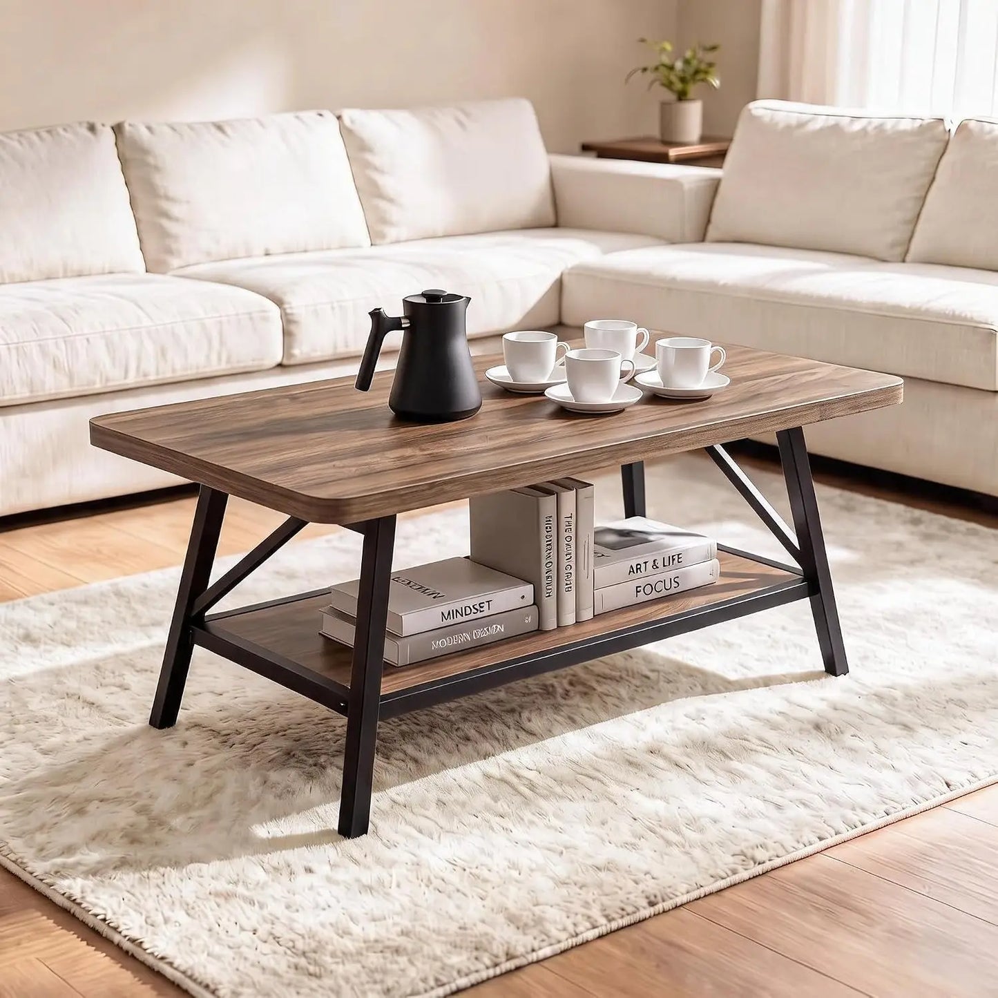 39.4 Inch Coffee Table With Storage Shelf, Industrial Wood Look Metal Frame Center Table For Living Room Apartment Home Office Decor