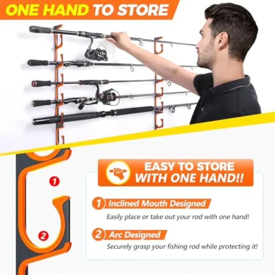 H5 Horizontal Fishing Rod Holders for Garage Use, Aviation Aluminum, Black, Wall/Ceiling Mounted, Holds 5/10/20 Rods or Combos,