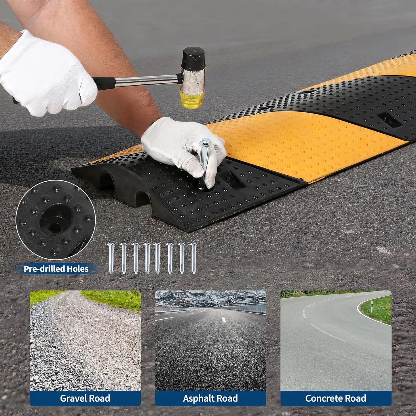 2Pcs 3.3FT Rubber Speed Bump, 2 Channel Heavy Duty Traffic Speed Hump 22000LBS Capacity,  for Asphalt Concrete Gravel Roads