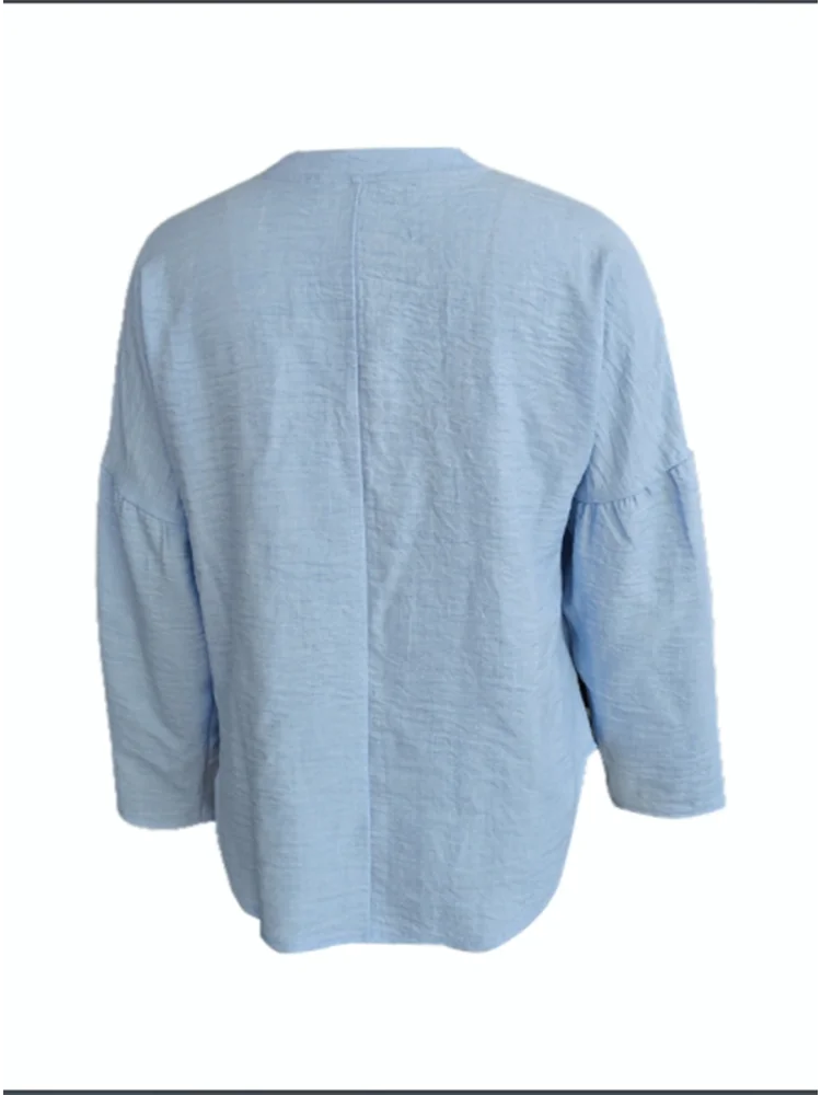 Women's Casual Loose Long Sleeve V-Neck T-Shirt Autumn Fashion Elegant Blue Top Office Lady Work Clothes