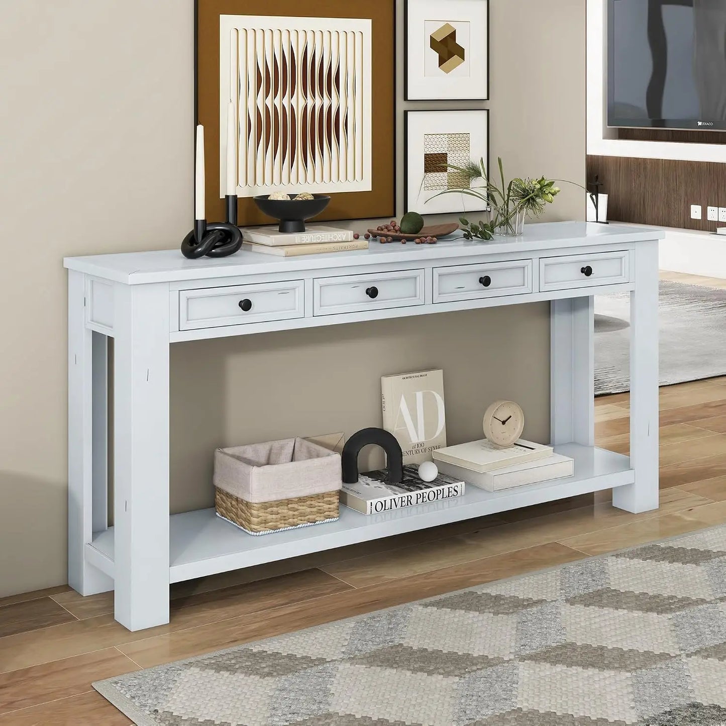 Console Table with 4 Storage Drawers Bottom Shelf, Rustic Distressed Sofa Table for Entryway Hallway, Assembly, Customized