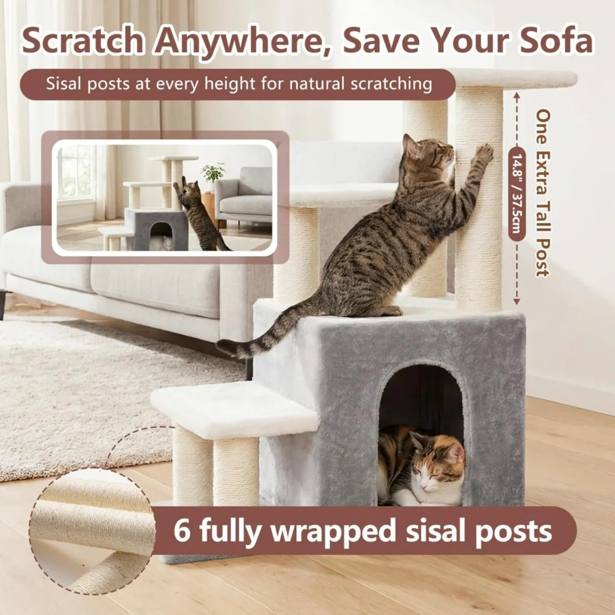 Pet Stairs for Cats and Small Dogs 29.5 inch High Steps with Condo Cave and Sisal Scratchers for Indoor Use
