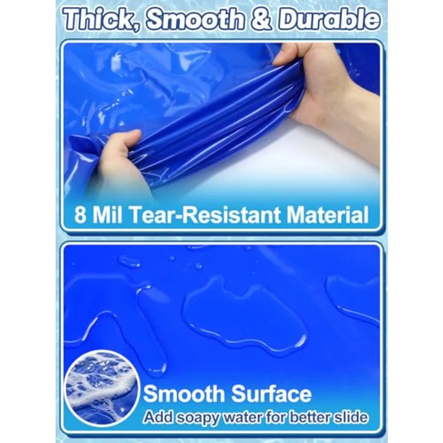 Outdoor backyard water slide for summer use, made of thick durable slick PVC material, blue and yellow color, extra wide design