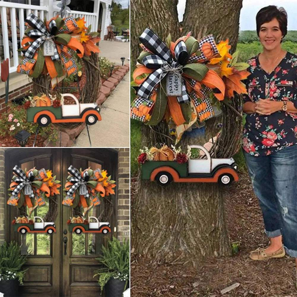 Fall Wreath Farmhouse Pumpkin Cart Wreath Halloween Pumpkin Truck Wreath Door Wreath for Halloween Thanksgiving Decor