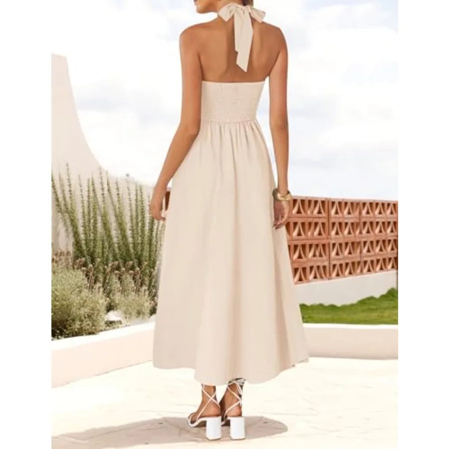ZESICA Women's Summer Sleeveless Halter Midi Dress 2026 Off Shoulder High Waist Flowy Formal Wedding Guest Long Dresses