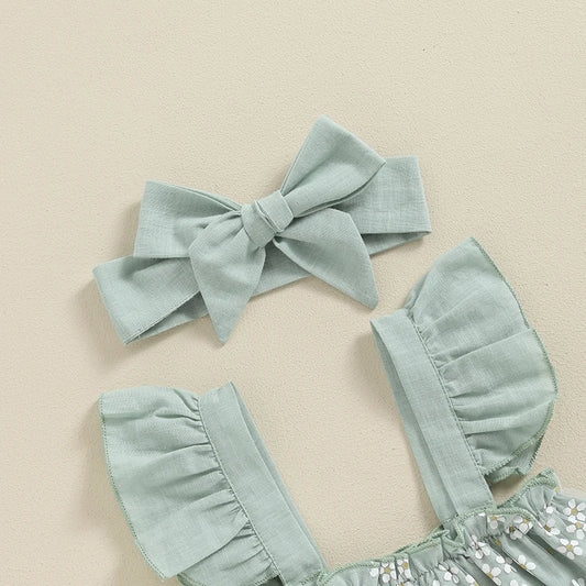 Baby Girl Floral Print Mesh Fly Sleeve Top and Shorts Set with Bow Detail and Matching Headband - 3 Piece Summer Outfit