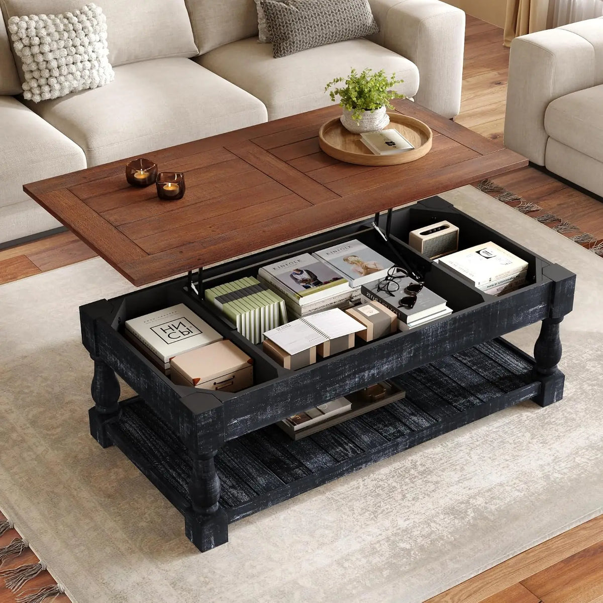 Lift Top Coffee Table With Hidden Storage Open Shelf Walnut Brown