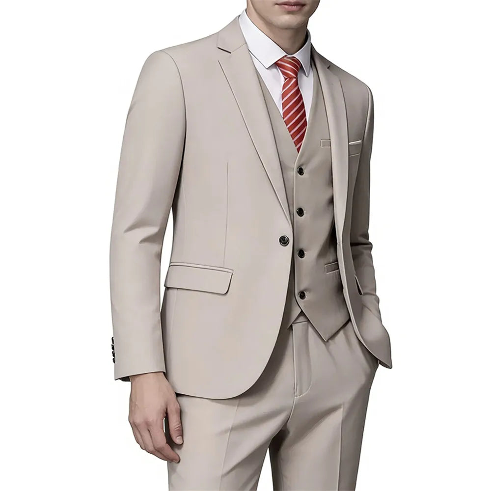 Men's Suit 3 Pieces Set Solid Color Slim Fit Business Leisure Banquet Wedding Groom Dress Jacket Vest with Pants