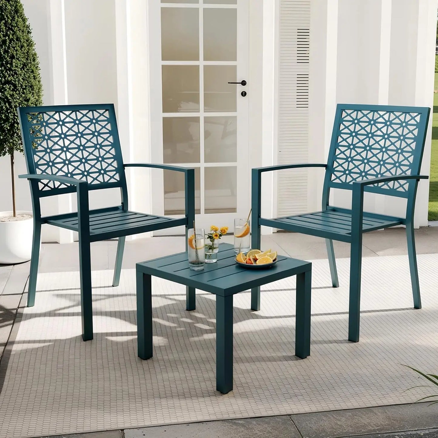 3-Piece Outdoor Bistro Set,Stackable Modern Metal Patio Furniture Set, 2 Chairs&Coffee Table,for Backyard Balcony Garden Lawn
