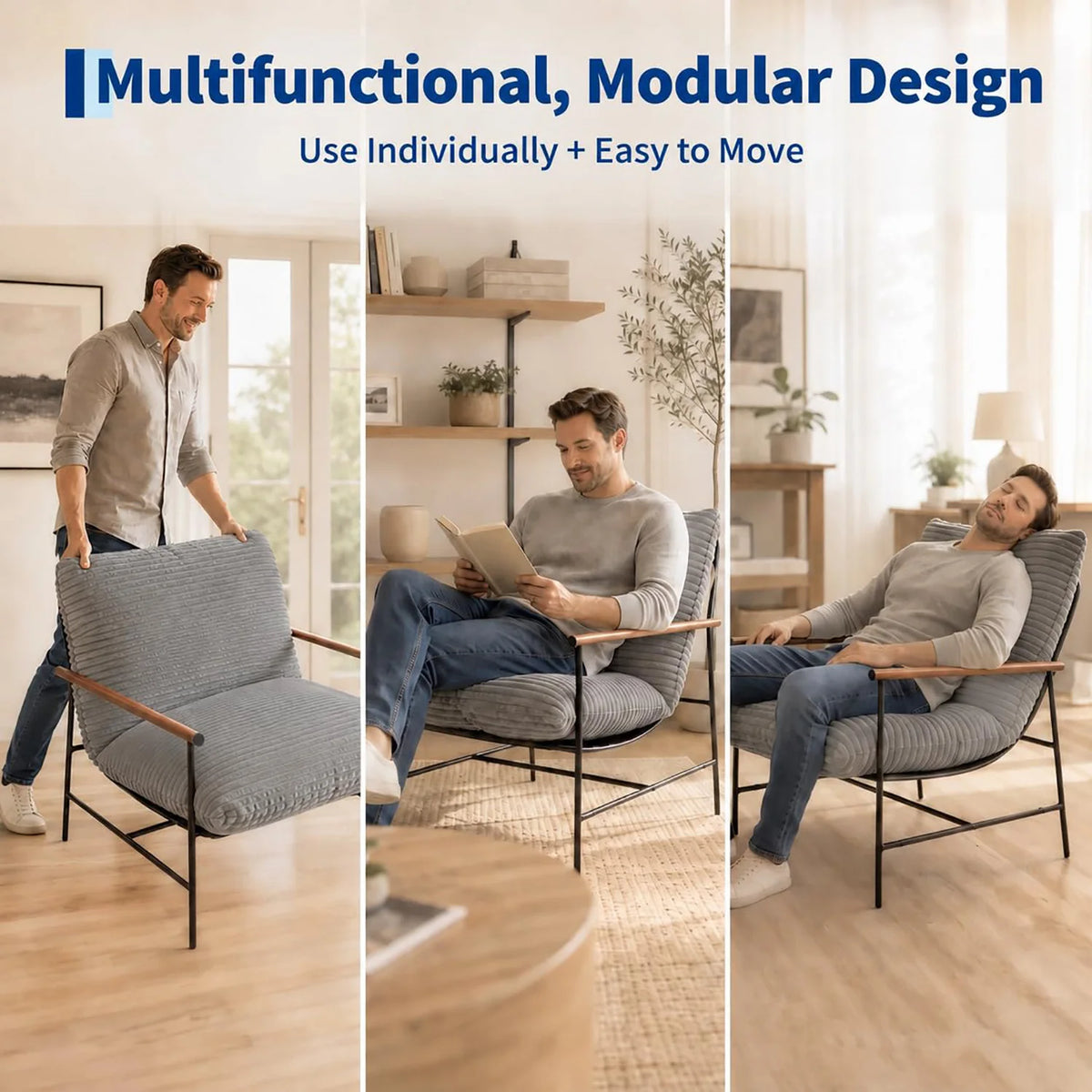 Oversized Accent Chair for Living Room, Deep Seat Corduroy Lounge Reading Chair With Wood Arms, Metal Frame For Bedroom Apartment