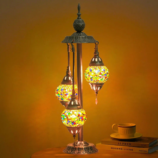 Turkish Mosaic Table Lamp - 3 Globe Handmade Glass Lampshades, Metal Base Mood Lighting for Bedroom Living Room, Home Decor