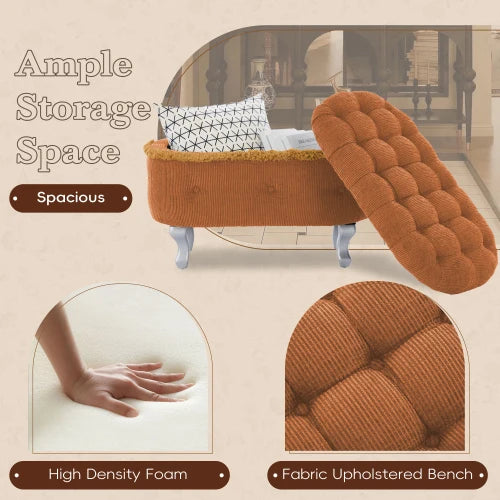 29.5 Inch Storage Bench, Button Tufted Upholstered Storage Ottoman With Fringe