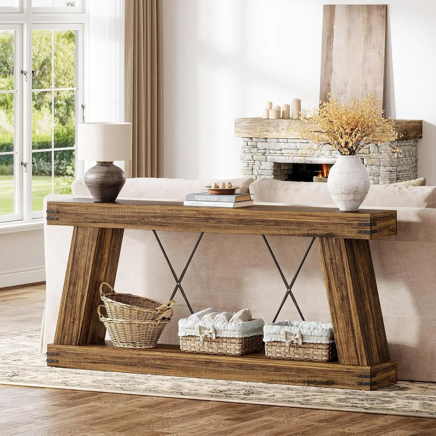 70.9" Farmhouse Console Table, Long Sofa Table Behind Couch with Storage, Narrow Wooden Console Station, Industrial, Customized