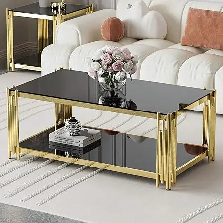 Luxury Rectangular Tempered Glass Coffee Table with Gold Stainless Steel Legs for Modern Living Rooms