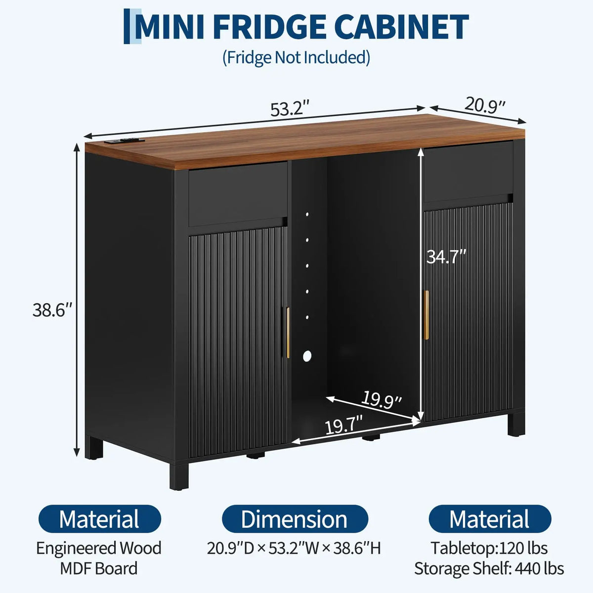 53'' Fluted Coffee Bar Cabinet With Mini Fridge Space, Charging Station, Wine Rack Storage Buffet Sideboard For Dining Room