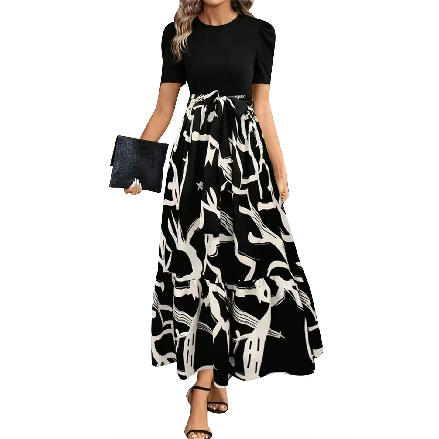 Round Neck Color Blocked Dress Women's Short Sleeved Floral Print A Line Dresses Autumn Elegant Party Dress Robe