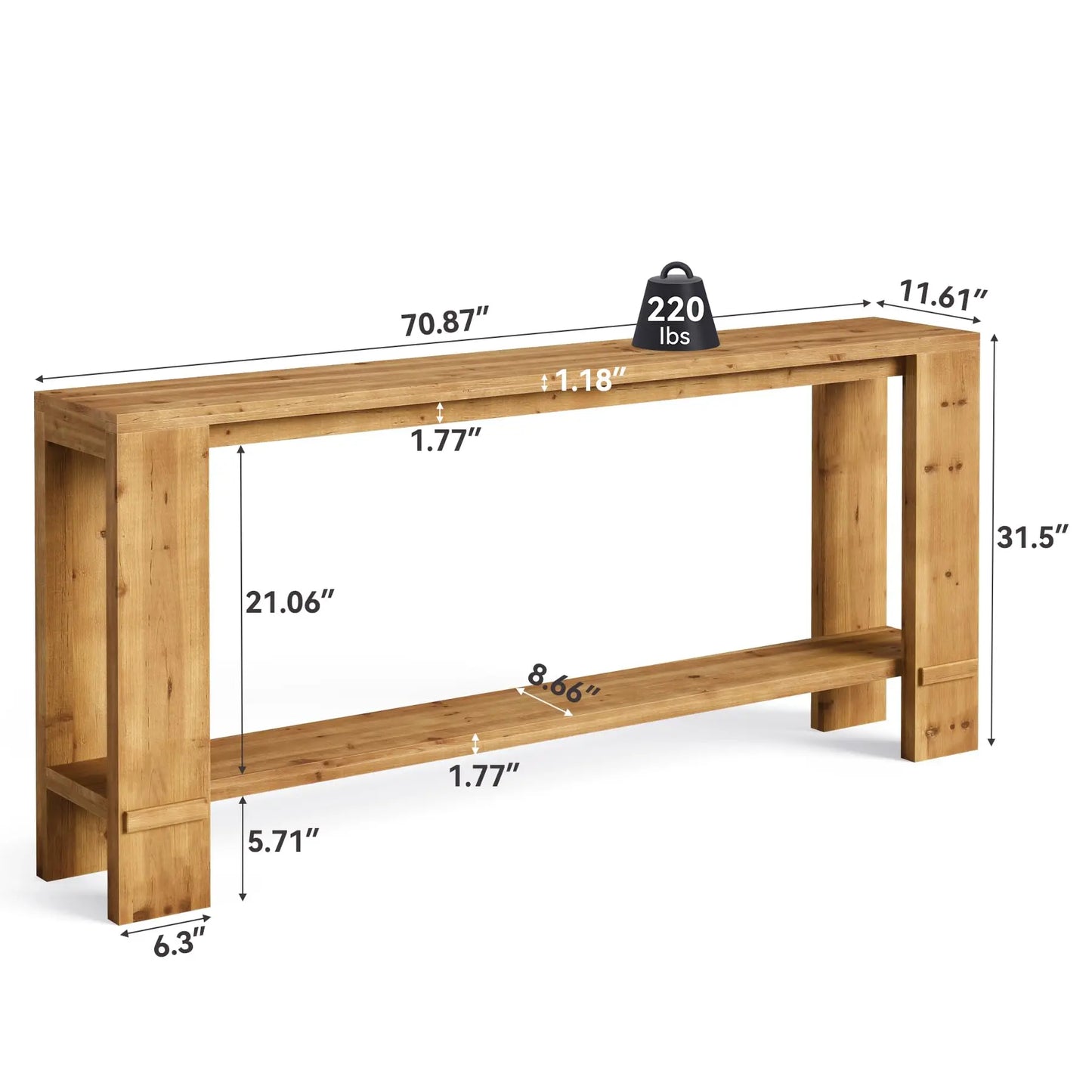 LITTLE TREE 70-Inch Solid Wood Console Table, Sofa Table for Behind Couch, 2-Tier Narrow Entryway Table for Living Room, Hallway