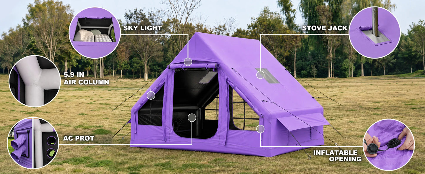 SENLEETO 67.8 SqFt Inflatable Camping Tent for 2-3 Person with Stove Jack,Black Coating Easy Setup Blow Up Tent with Skylight AC Vent Mesh Window