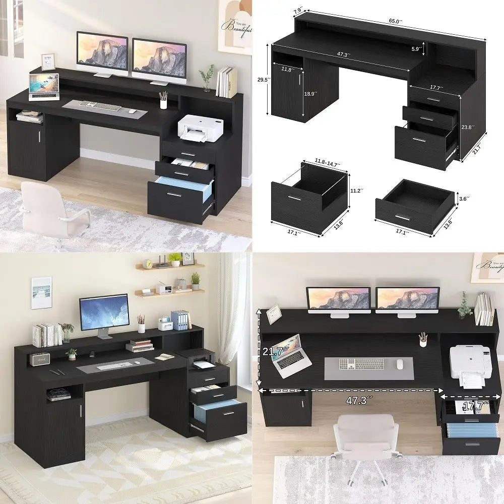 Computer Desk with 3 Drawer amp Storage Shelves, Home Office Desk with File Drawer amp Cabinet, Writing Study Table with Long M