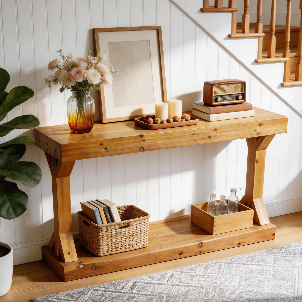 120cm Farmhouse Console Table With Shelf Solid Fir Wood Entryway Sofa Table