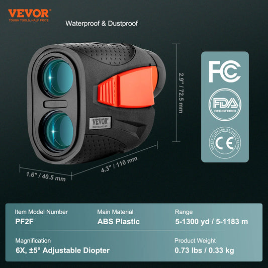 VEVOR 1300 Yards Golf Rangefinder Laser Golfing Hunting Range Finder 6X Magnification Flag Pole Lock Vibration Slope USB Charge