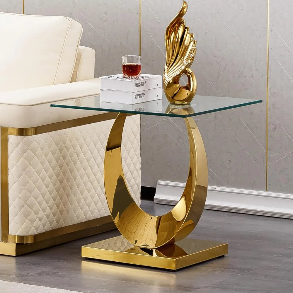 1 Piece Living Room End Table Luxury Glass Side Table, Modern Gold End Table with Half Moon-Shape Stainless Steel Pedestal