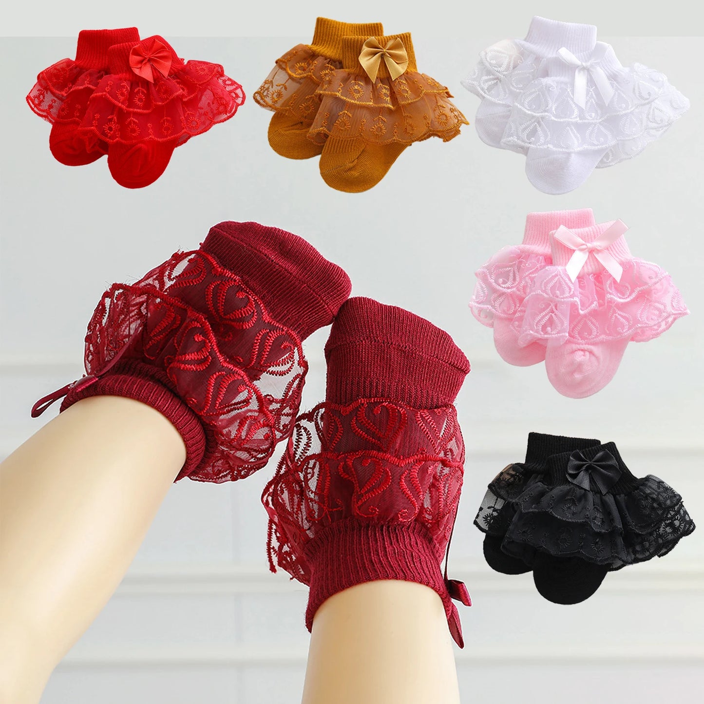 6 pairs of baby girl mid-calf socks with lace ruffle trim, breathable and comfortable lace socks, cute princess socks