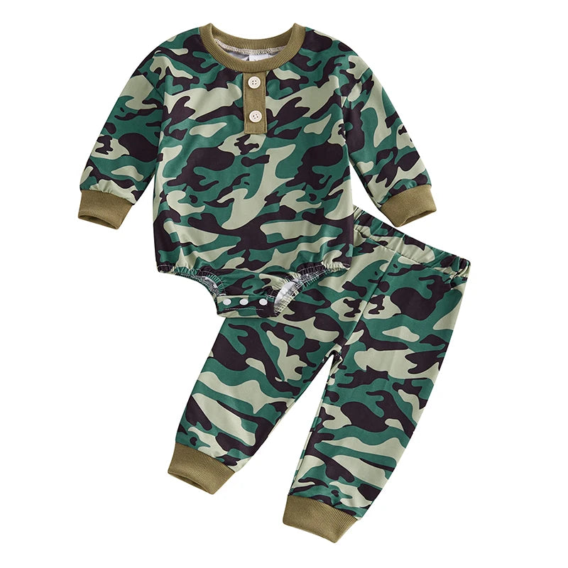 Infant Boys Fall Outfits Camouflage Letter Pattern Long Sleeve Crew Neck Rompers with Elastic Waist Pants 2 Pcs Set