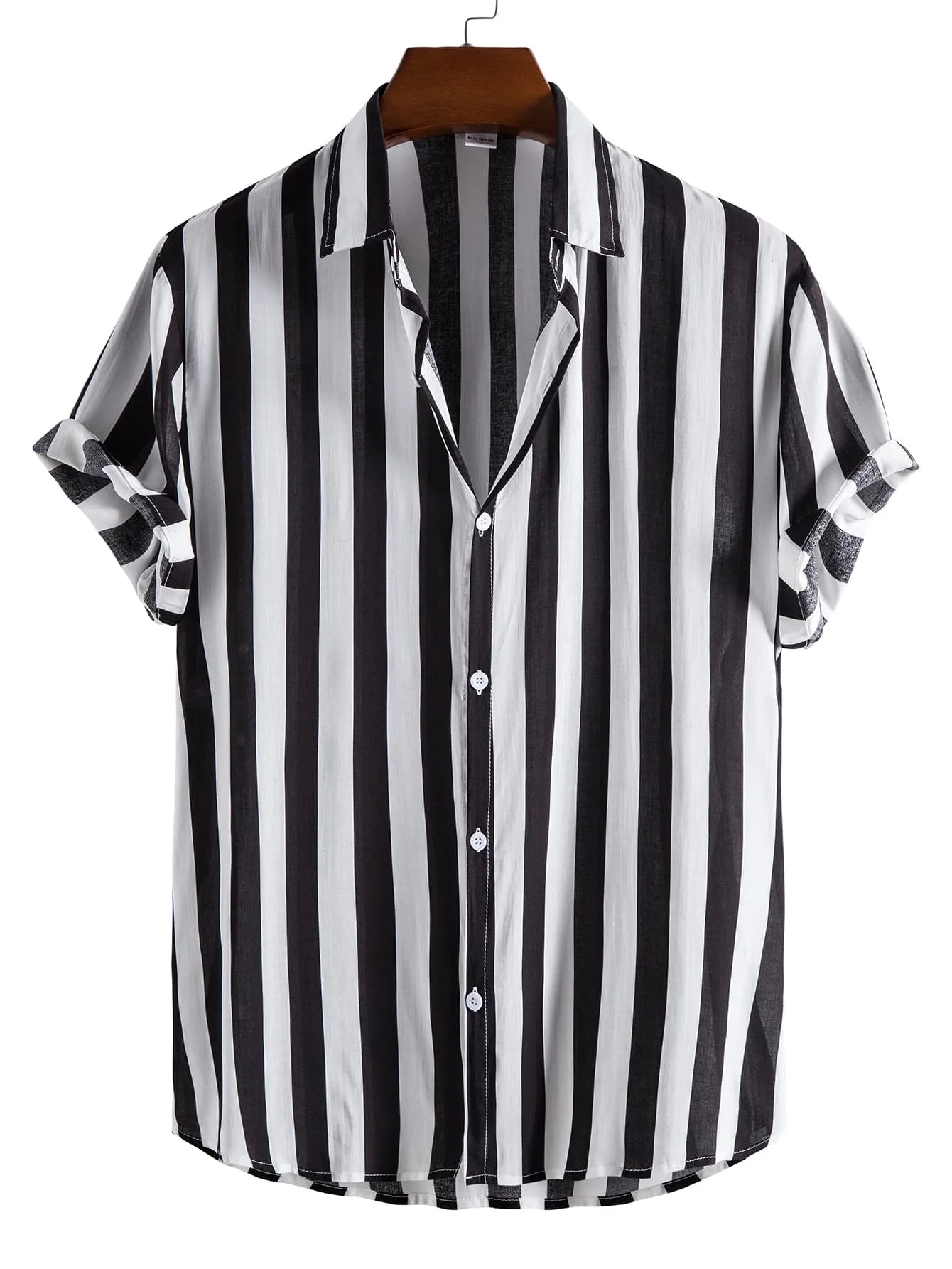 Men Vertical Striped Button Up Short Sleeve Shirt Casual