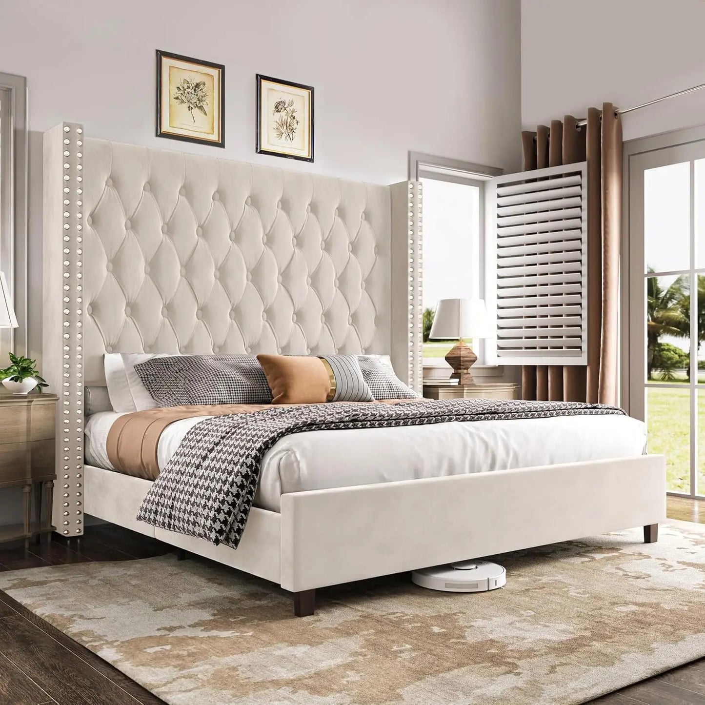 King Size Bed Frame Wingback Velvet Upholstered Platform Deep Button Tufting Solid Wood Legs No Box Spring Black, Customized