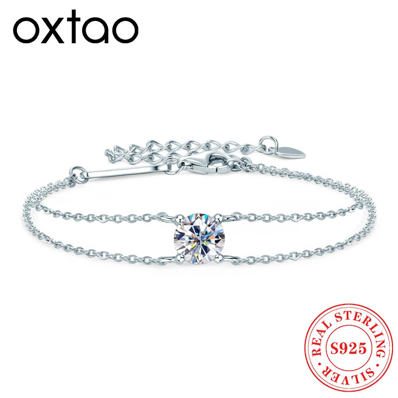 OXTAO D Color 6.5mm 1ct Moissanite Bracelet for Women 925 Sterling Silver Double Chain Bracelets Fine Jewelry Gift withCertified