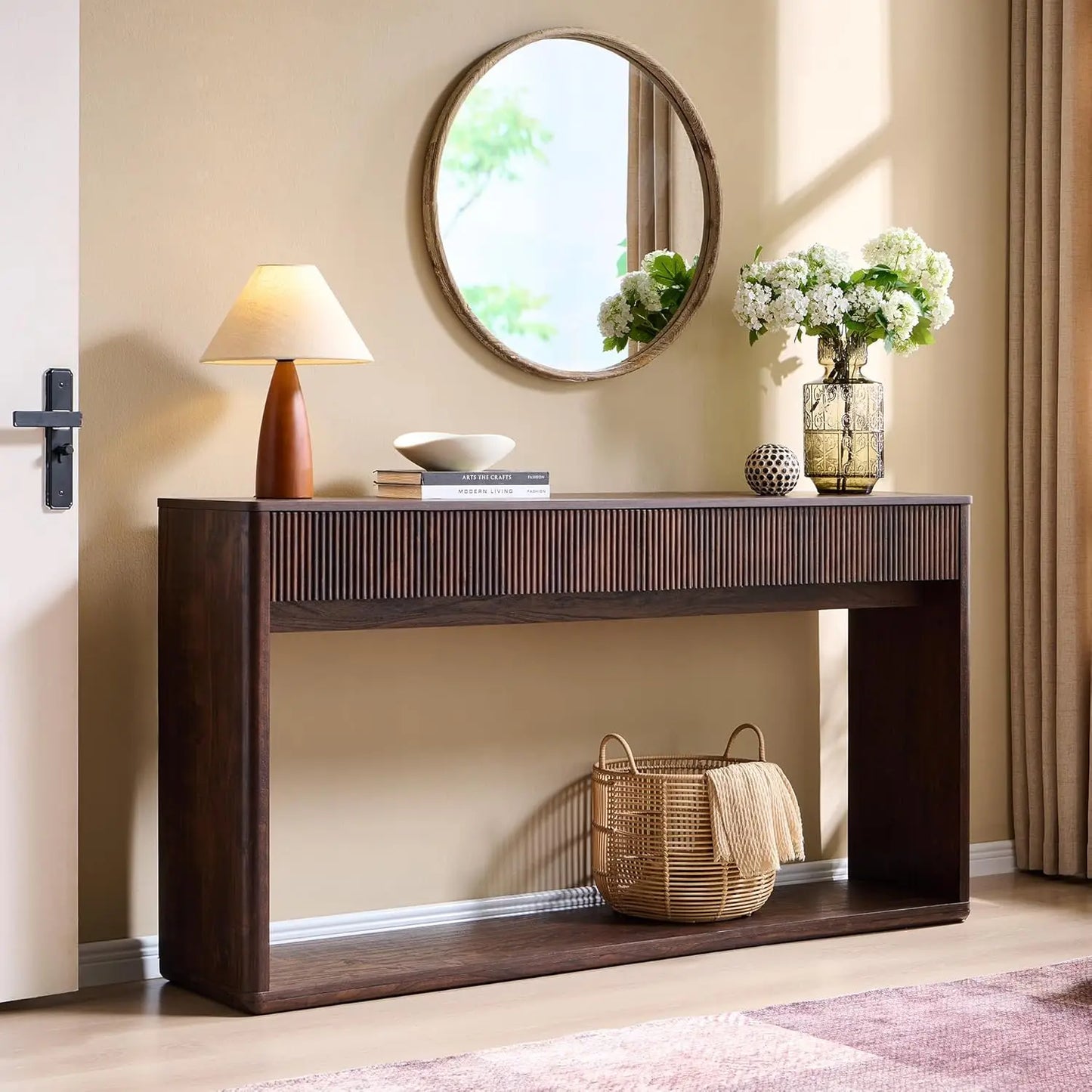63" Fluted Console Table with 2 Large Drawers Long Entryway Sofa Table for Living Room Hallway Foyer Dark Walnut, Customized