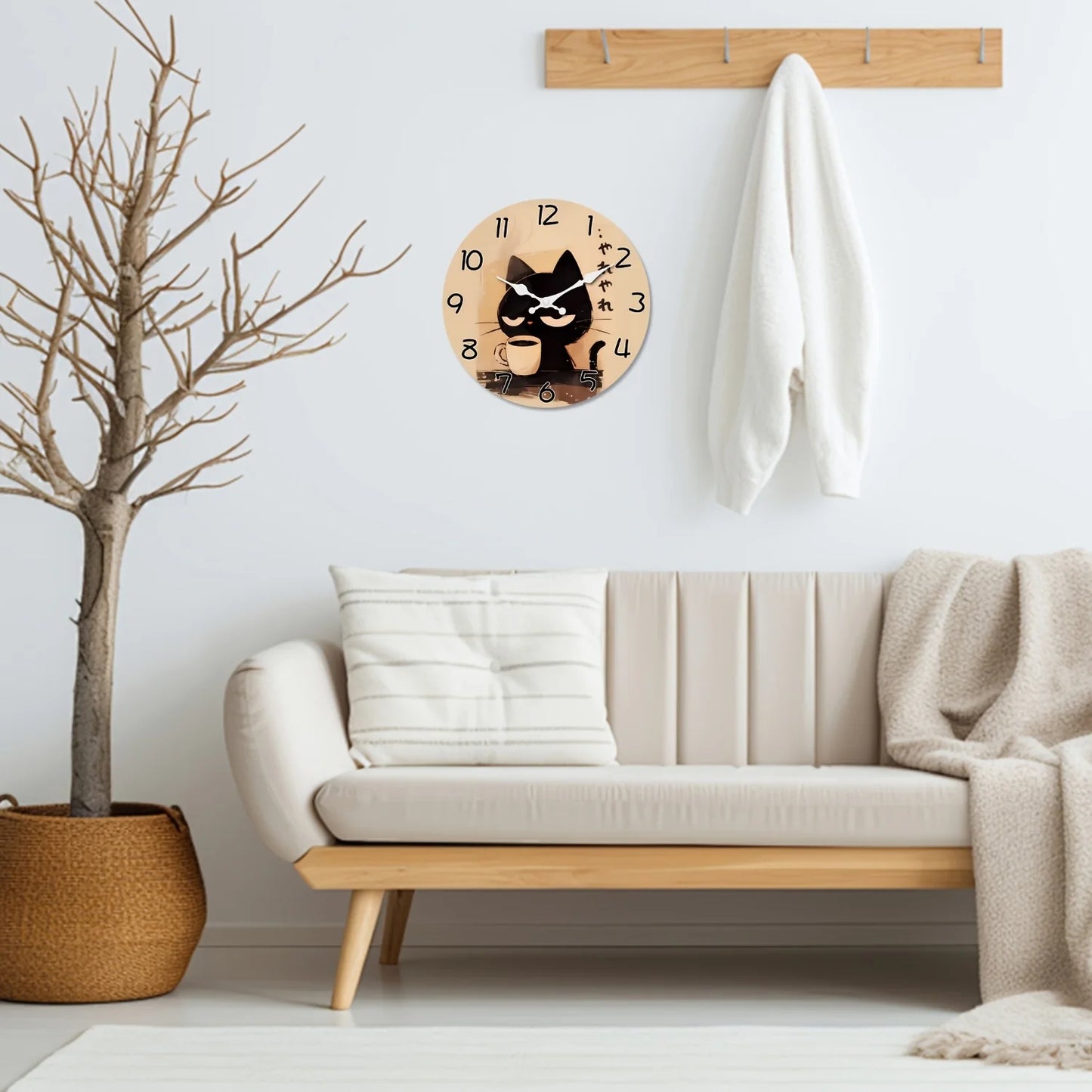 A 10-16 inch Japanese style cute black cat large wooden wall clock - battery powered, circular silent lazy clock, suitable for d