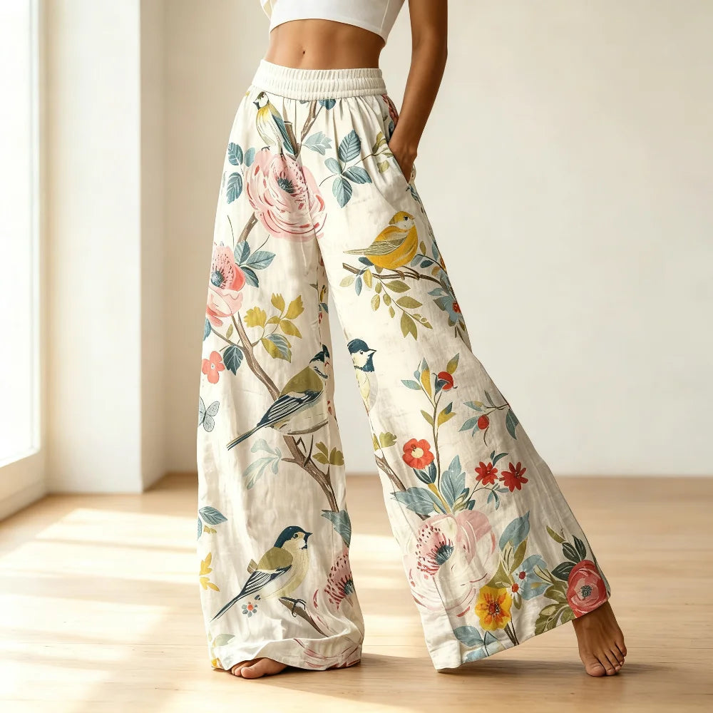 Eclectic Grandpa Floral Bird Pattern Wide Leg Pants Soft Silk Palazzo Trousers, Summer Beach Tropical Vacation Outfits