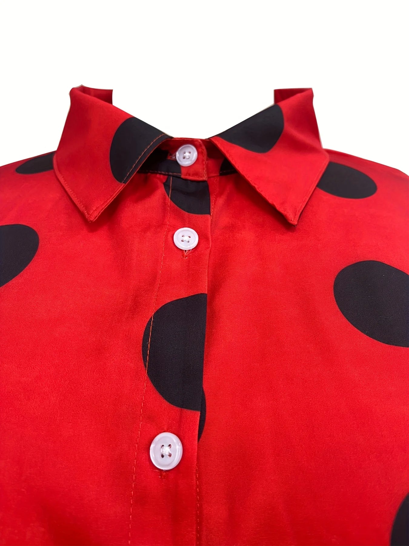 European and American plus size women's large polka dot lapel shirt dress; black polka dot single-breasted loose long sleeve side slit midi shirt dress