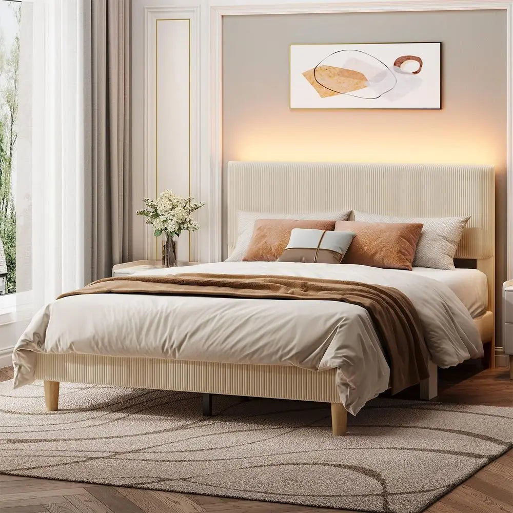 Queen Upholstered Bed Frame With LED Headboard Beige Easy Assembly No Squeak