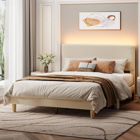 Queen Upholstered Bed Frame With LED Headboard Beige Easy Assembly No Squeak