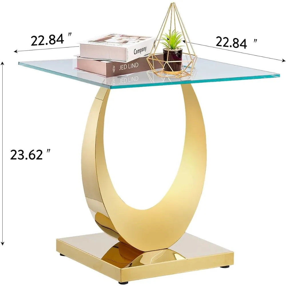 1 Piece Living Room End Table Luxury Glass Side Table, Modern Gold End Table with Half Moon-Shape Stainless Steel Pedestal