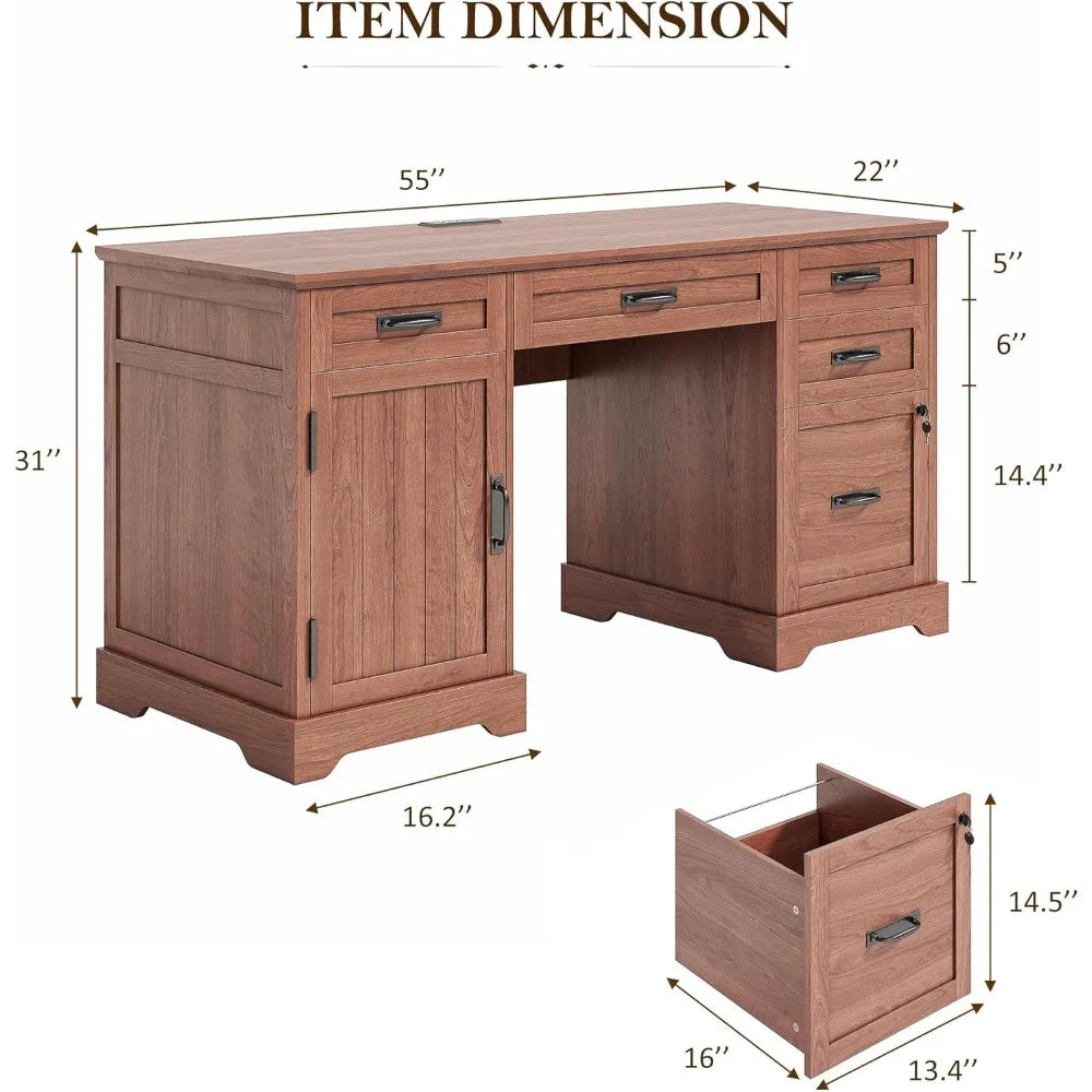 55'' Farmhouse Desk Home Office with Drawers, Executive Computer Desk Wooden with File Cabinet and Charging Station, Cerry Brow