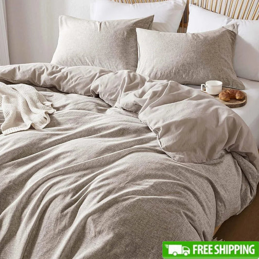 Linen Cotton Blend Duvet Cover Set Organic Natural Soft Bedding Queen Size 3Pcs Textured Minimalist Design Eco-Friendly Home