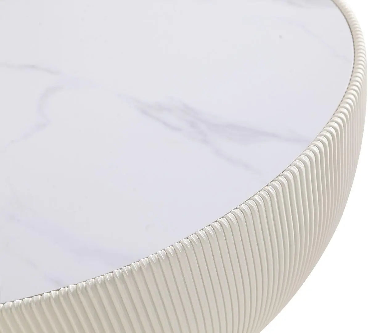 28.15" Round Coffee Table 2.0 - Ceramic Marble Tabletop, Elegant Pleated Leatherette Details & Gold Base