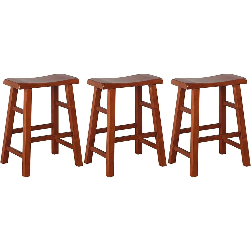 Heavy-Duty Solid Wood Saddle Seat Kitchen Counter Height Barstools, 24 Inches, Dark Oak, Set of 3